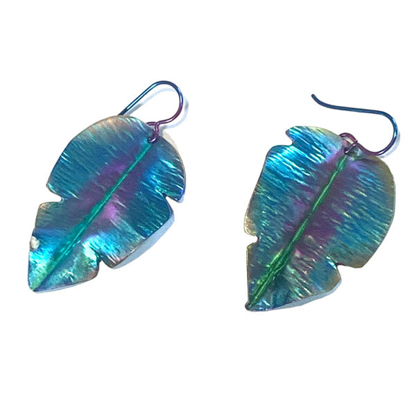 Blue and purple fold formed niobium Rainforest leaf earrings
