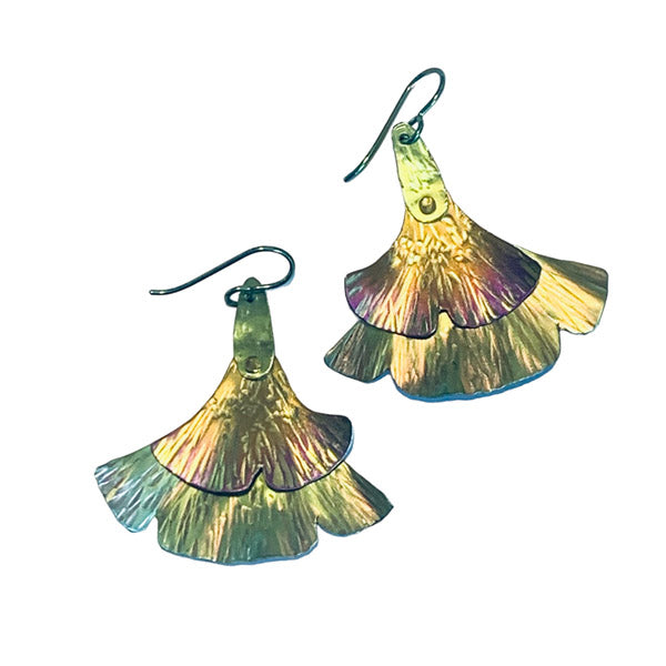 Layered ginkgo leaves in gold and green anodized niobium