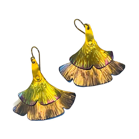 gold and rose gold textured niobium ginkgo  leaf earrings