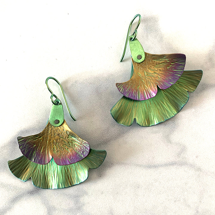 green, gold, fuchsia and violet textured niobium ginkgo leaf earrings