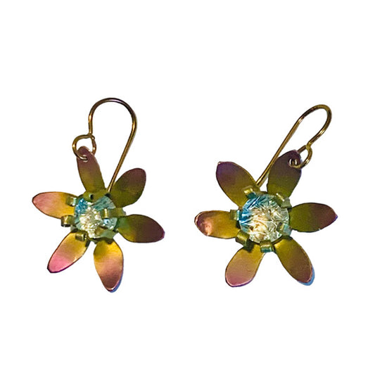 Niobium 6 petal flower earrings anodized rose gold with dichroic centers