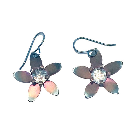 Niobium 5 petal flower earrings anodized light blue with dichroic centers