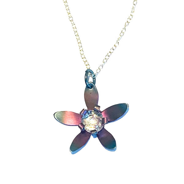 Niobium 5 petal flower necklecs anodized light blue with dichroic center