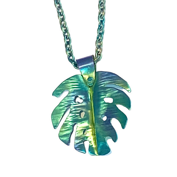 Niobium Monstera necklace anodized green, lime green and teal