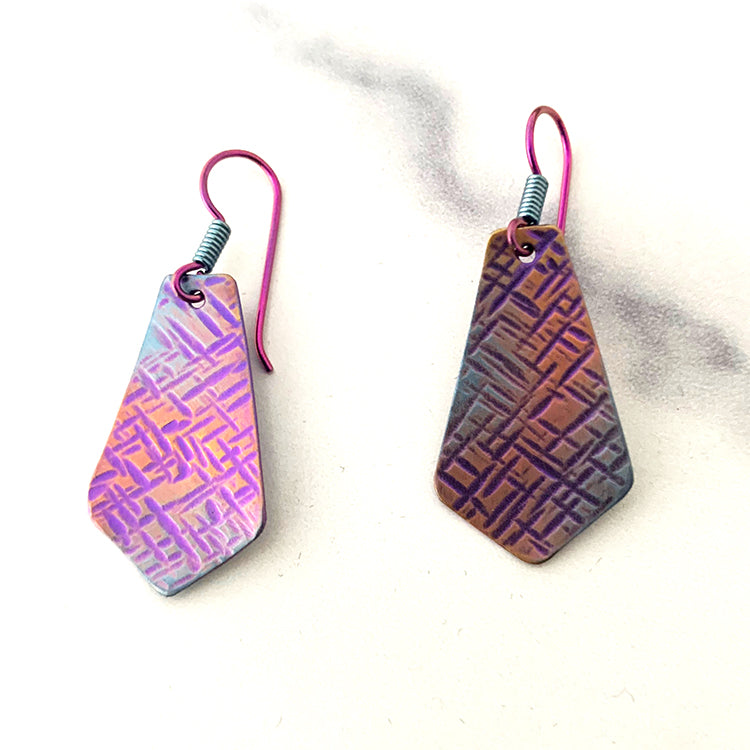 fuchsia, blue, and rose gold textured pentagram niobium earrings