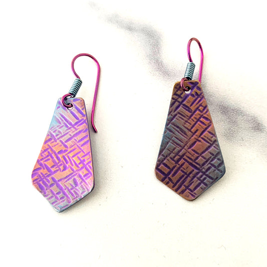 fuchsia, blue, and rose gold textured pentagram niobium earrings