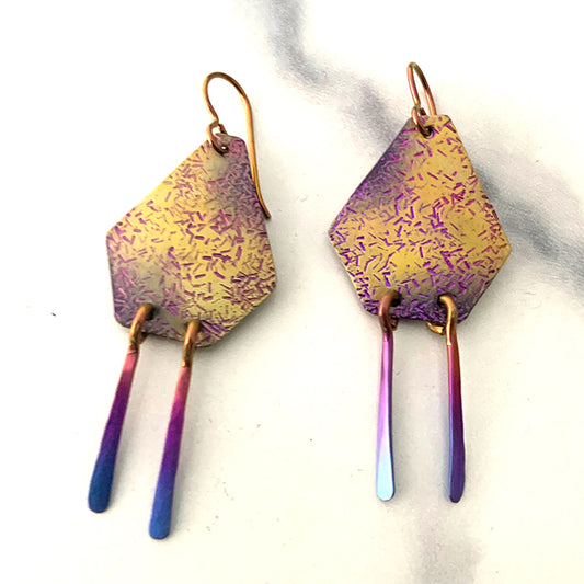 Niobium earrings textured and anodized violet, gold, and purple with multicolored dangles