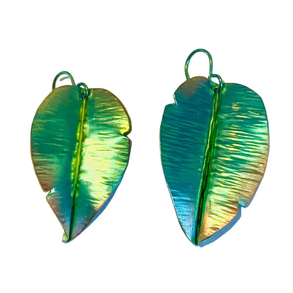Lime green, teal and gold fold formed niobium leaf earrings