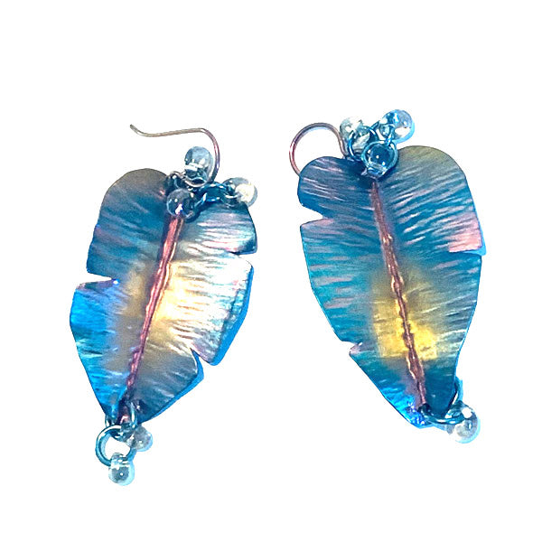 Blue pink and gold fold formed Rainforest leaves with light blue seed beads