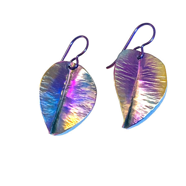 Violet, gold and pink fold formed small niobium Rainforest leaf earrings