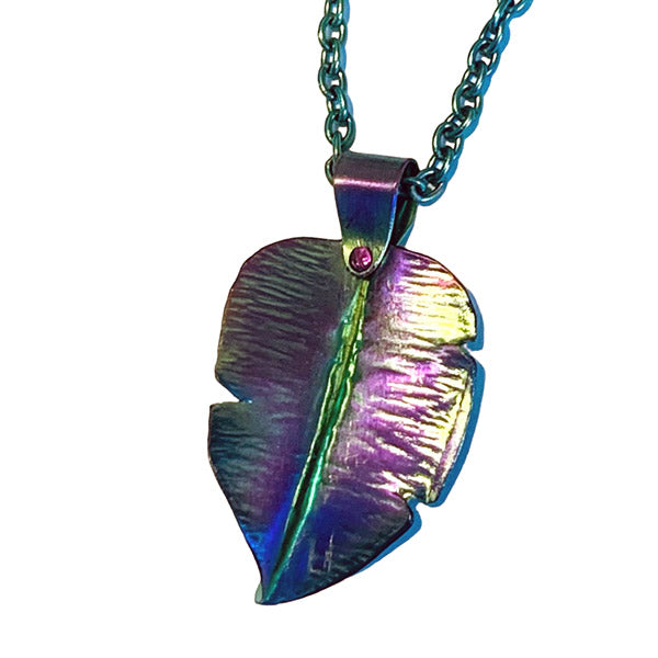 Green, violet and blue fold formed niobium Rainforest leaf necklace