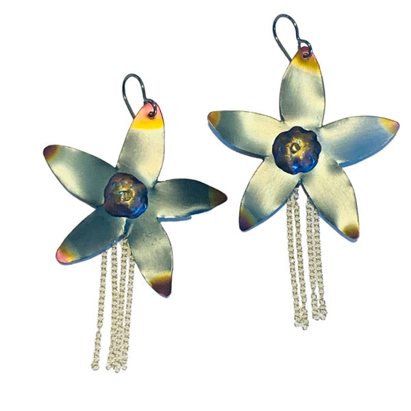 Light blue and gold medium niobium 5 petal flower earrings with silver dangling chains