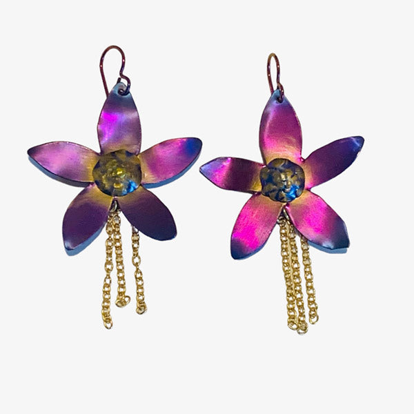 Violet and blue small niobium 5 petal flower earrings with gold dangling chains