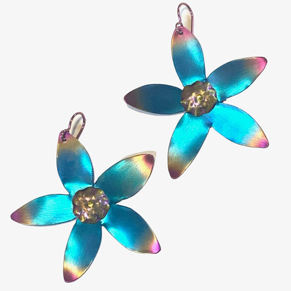 turquoise and fuchsia large niobium 5 petal flower earrings