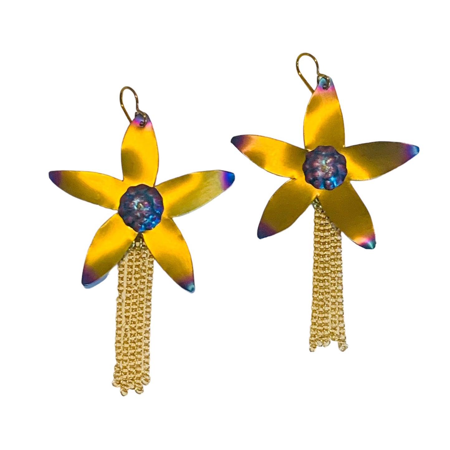 Gold and blue large niobium 5 petal flower earrings with gold dangling chains