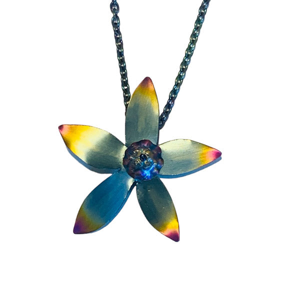 Light blue and gold niobium 5 petal flower pendant